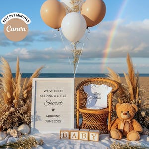 Rainbow Baby Announcement Digital, Editable Pregnancy Announcement Canva Template, Boho Beach Gender Neutral Baby Reveal for Social Media