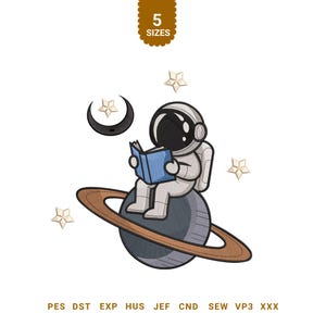 May include: An embroidered design featuring an astronaut reading a book while seated on a planet with rings. The design includes stars and a crescent moon. The text "5 SIZES" is at the top.