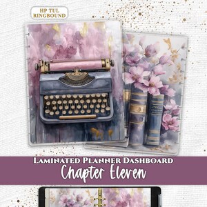 May include: A laminated planner dashboard featuring a watercolor illustration of a vintage typewriter and stacked books with pink flowers. The text reads Everpage, HP TUL RINGBOUND, LAMINATED PLANNER DASHBOARD, and Chapter Eleven.