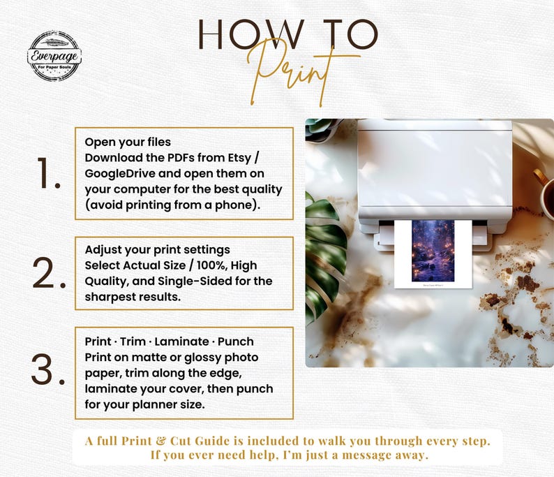 K&ouml;nnte beinhalten: Ein wei&szlig;er Drucker druckt ein farbenfrohes Bild. Der Text auf dem Bild lautet "HOW TO Print" und enth&auml;lt Anweisungen zum Drucken von Dateien von Etsy oder GoogleDrive, zum Anpassen der Druckeinstellungen und zum Drucken auf Fotopapier. Das Bild enth&auml;lt das Everpage-Logo.