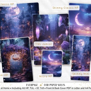 K&ouml;nnte beinhalten: Eine Sammlung von Planer-Covern mit Fantasy-Kunst. Die Cover zeigen Szenen eines Vollmonds &uuml;ber einem Wald, eines Halbmonds &uuml;ber dem Ozean und eines leuchtenden Torbogens. Die Texte "Classic HP", "Skinny Classic HP", "Mini HP", "TUL Junior", "Micro HP" und "Skinny Mini HP" sind sichtbar.