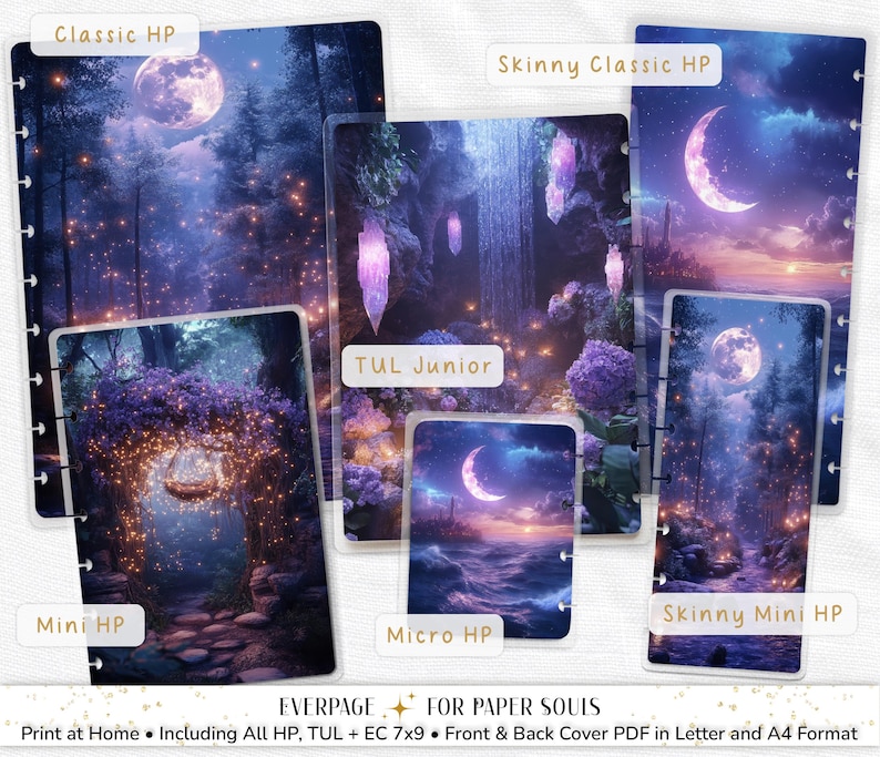 K&ouml;nnte beinhalten: Eine Sammlung von Planer-Covern mit Fantasy-Kunst. Die Cover zeigen Szenen eines Vollmonds &uuml;ber einem Wald, eines Halbmonds &uuml;ber dem Ozean und eines leuchtenden Torbogens. Die Texte "Classic HP", "Skinny Classic HP", "Mini HP", "TUL Junior", "Micro HP" und "Skinny Mini HP" sind sichtbar.
