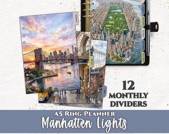 Manhattan Lights Monthly Planner Dashboard Dividers | 12 Tab Printable A5 Planner Insert | Digital Download
