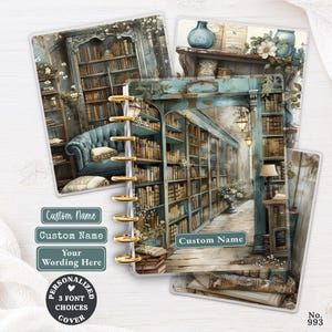 May include: A disc-bound notebook cover featuring a library scene with tall bookshelves, a blue sofa, and a wooden floor. The cover includes a text box labelled Custom Name. Additional labels show Custom Name and Your Wording Here, with a circular badge noting 3 Font Choices Cover and No. 993.