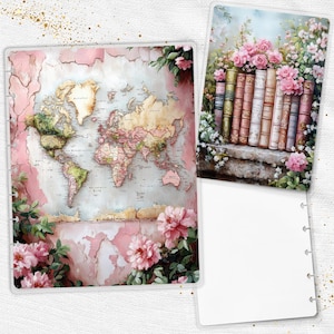 May include: Two planner inserts. One shows a world map in pink and beige hues, framed by pink flowers and green leaves. The other depicts a stack of vintage books with pink roses and white flowers.