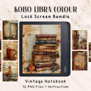 May include: A Kobo Libra Colour e-reader with a vintage notebook theme. The screen shows a stack of old books. Surrounding the e-reader are watercolour images of landscapes, a coffee cup, a sailboat, and other vintage scenes. The text reads "KOBO LIBRA COLOUR Lock Screen Bundle."