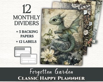 Forgotten Garden Monthly Planner Dividers | 12 Tab Printable Inserts | Botanical Divider Set | Classic Happy Planner | Digital Download