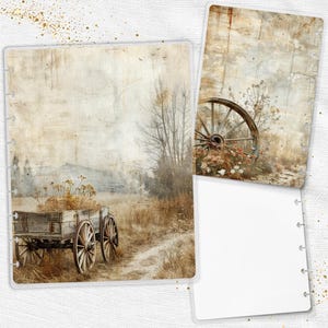May include: Two planner inserts with a rustic, vintage theme. One insert features a wooden wagon in a field, the other an old wagon wheel with flowers. The inserts have a sepia-toned color palette.