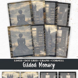 May include: A collection of digital stationery pages featuring the text Everpage and Gilded Memory. The designs include lined, dot grid, graph, and Cornell layouts with illustrations of a person overlooking a lake, a castle, and library interiors.