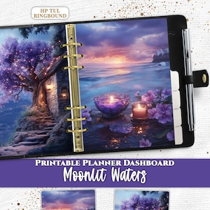 May include: A black ringbound planner featuring a printable dashboard titled Moonlit Waters. The dashboard displays a sunset over the ocean with purple flowers and candles, alongside a stone cottage with a glowing purple tree. Includes a silver pen.