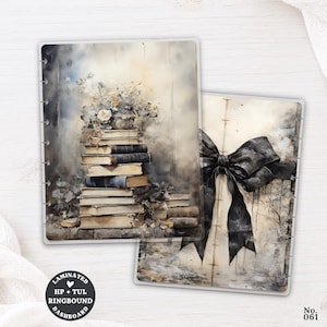 May include: Two laminated ringbound dashboards featuring watercolour-style illustrations. One shows a stack of books topped with a floral arrangement, while the other displays a large black bow. A circular black label reads LAMINATED HP + TUL RINGBOUND DASHBOARD.
