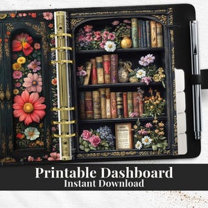 May include: A black planner dashboard with a floral and bookshelf design. The design features a detailed illustration of a bookshelf filled with books and flowers. The text "Printable Dashboard Instant Download" is at the bottom.