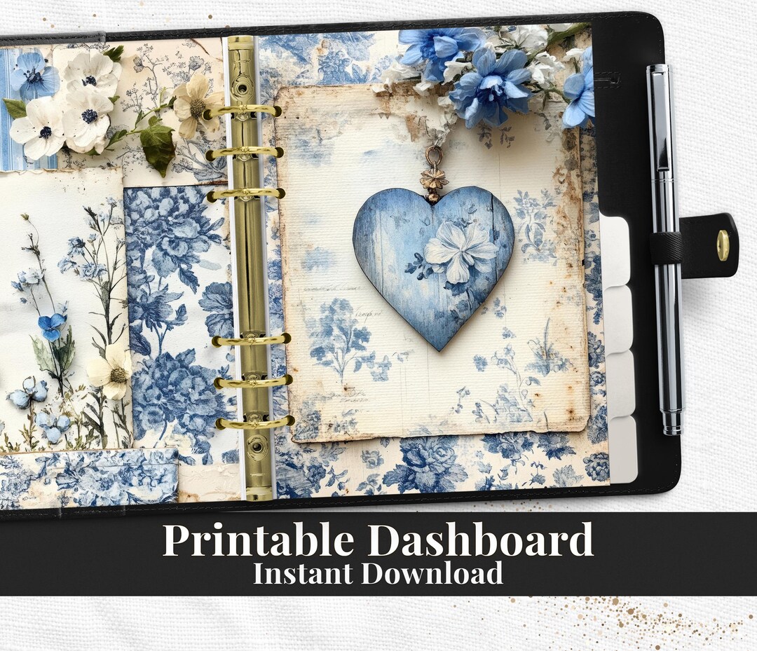 Romantic Blue Floral Printable Planner Dashboard PDF in Happy Planner ...