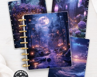May include: A set of three laminated planner covers featuring rectangular shapes with disc-bound edges. The designs display a full moon over a forest stream with glowing lights, a purple floral garden, and a sunset over the ocean. Text reads LAMINATED HP + TUL PLANNER COVER and No. 060.