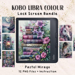 Könnte beinhalten: Ein Kobo Libra Colour E-Reader mit einem Stapel Bücher, der mit violetten und rosa Blumen verziert ist. Das Set enthält 12 PNG-Dateien mit Illustrationen einer Eule, einer Laterne, eines Pferdes, einer lesenden Person und Bücherregalen.