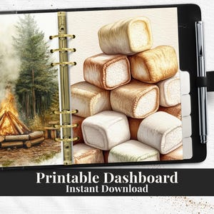 May include: A planner insert with a watercolor illustration of a campfire scene and a stack of marshmallows. The left side shows a campfire in a forest setting. The right side features a pile of toasted marshmallows. The text "Printable Dashboard Instant Download" is at the bottom.