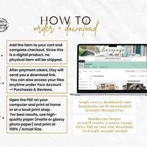 K&ouml;nnte beinhalten: Ein Laptop zeigt eine Website mit dem Text "Everpage" und Anweisungen zum Bestellen und Herunterladen digitaler Produkte. Die Schritte umfassen das Hinzuf&uuml;gen von Artikeln zum Warenkorb, das Herunterladen von Etsy und das Drucken zu Hause.