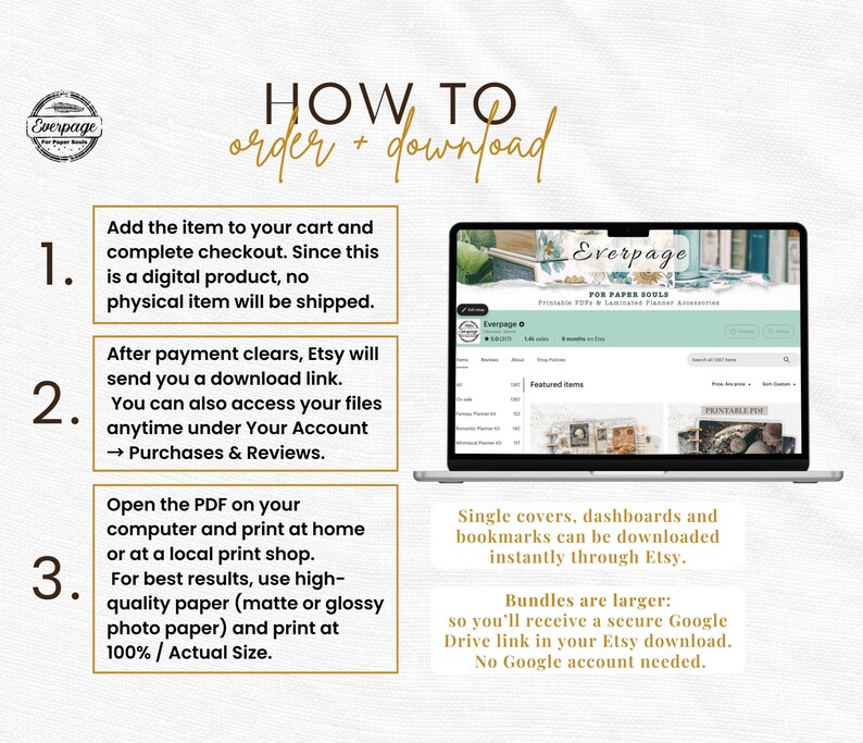 K&ouml;nnte beinhalten: Ein Laptop zeigt eine Website mit dem Text "Everpage" und Anweisungen zum Bestellen und Herunterladen digitaler Produkte. Die Schritte umfassen das Hinzuf&uuml;gen von Artikeln zum Warenkorb, das Herunterladen von Etsy und das Drucken zu Hause.