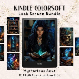 May include: A Kindle Colorsoft e-reader displaying a digital lock screen image of a person reading a glowing book, surrounded by eleven smaller rectangular thumbnails featuring dark fantasy scenes with skulls, crystals, and libraries. Text reads Kindle Colorsoft Lock Screen Bundle and Mysterious Azur 12 EPUB Files + Instruction.
