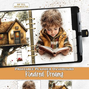 Op de afbeelding: Een zwarte ringbandplanner met een dashboard met een aquarelillustratie van een kind dat een boek leest en een aparte pagina met een houten boomhut. De tekst Everpage, HP TUL RINGBOUND en PRINTABLE PLANNER DASHBOARD Kindred Dreams is zichtbaar.