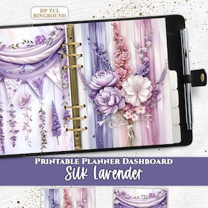 May include: A black ringbound planner featuring printable dashboards with the text Everpage and HP TUL RINGBOUND. The pages display lavender and purple floral illustrations, including bouquets and hanging bunting banners on striped backgrounds.