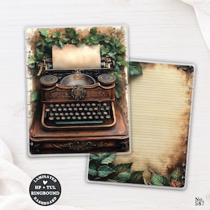 May include: Two laminated planner inserts featuring a vintage brown typewriter surrounded by green ivy leaves on one sheet and a lined page with a distressed paper texture and ivy accents on the other, both with punched edges for ring binding.