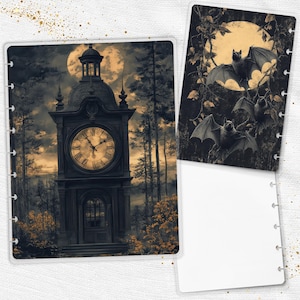May include: Two planner inserts with a spooky theme. One features a tall clock tower in a forest under a full moon. The other shows bats flying in front of a full moon. Both inserts have a white border and are designed for a planner.