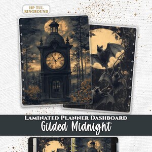 May include: Two rectangular laminated planner dashboards featuring dark, atmospheric scenes. One shows a tall clock tower under a full moon, the other depicts bats flying against a moonlit sky. Text includes Everpage, HP TUL RINGBOUND, and Gilded Midnight.