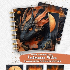 May include: Laminated planner cover with a dragon design in black and orange, autumn leaves, and gold details. The cover is labelled "Emberwing Hollow" and includes additional designs with a full moon and a burning book.