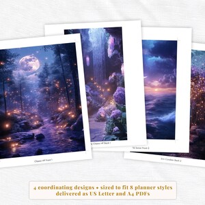 K&ouml;nnte beinhalten: Vier aufeinander abgestimmte Planer-Designs mit Fantasy-Landschaften. Die Bilder zeigen einen mondbeschienenen Wald, eine Wasserfallszene, einen Sonnenuntergang am Meer und ein Feld mit leuchtenden Lichtern. Der Text gibt an, dass die Designs f&uuml;r 8 Planerstile geeignet sind.