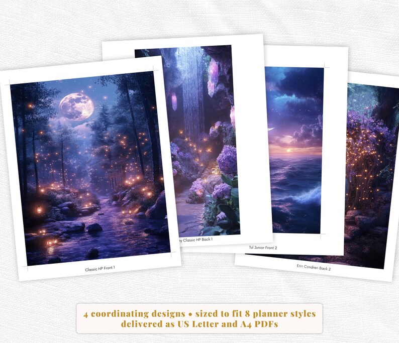 K&ouml;nnte beinhalten: Vier aufeinander abgestimmte Planer-Designs mit Fantasy-Landschaften. Die Bilder zeigen einen mondbeschienenen Wald, eine Wasserfallszene, einen Sonnenuntergang am Meer und ein Feld mit leuchtenden Lichtern. Der Text gibt an, dass die Designs f&uuml;r 8 Planerstile geeignet sind.