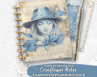Juego de cubiertas de agenda laminadas / Encuadernado con disco / Happy Planner y TUL / Retrato botánico azul vintage