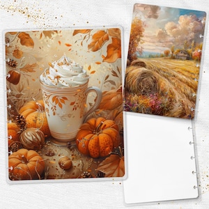 May include: A planner page with a fall theme. The left page features a mug of whipped cream-topped beverage, pumpkins, and leaves. The right page shows a landscape of hay bales and a farmhouse. The color palette includes orange, brown, and cream.