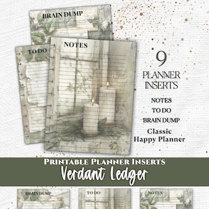 May include: A set of nine printable planner inserts titled Everpage and Verdant Ledger. The pages feature lined paper with a muted green and beige botanical design, including illustrations of lit candles and foliage. Text includes Brain Dump, To Do, and Notes.