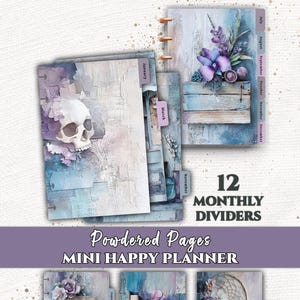 May include: A set of 12 monthly dividers for a mini Happy Planner by Everpage titled Powdered Pages. The dividers feature artistic designs including a skull, floral arrangements, stacked books, and a dreamcatcher in shades of blue and purple.