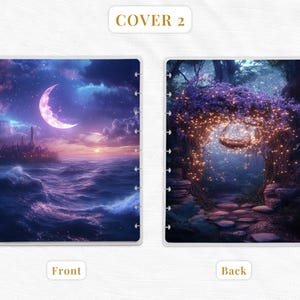 K&ouml;nnte beinhalten: Zwei Planer-Cover. Das vordere Cover zeigt einen Halbmond &uuml;ber einer Skyline und Meereswellen in Blau-, Lila- und Oranget&ouml;nen. Das hintere Cover zeigt einen leuchtenden Torbogen in einem Wald mit einem h&auml;ngenden Korb und einem Steinweg.