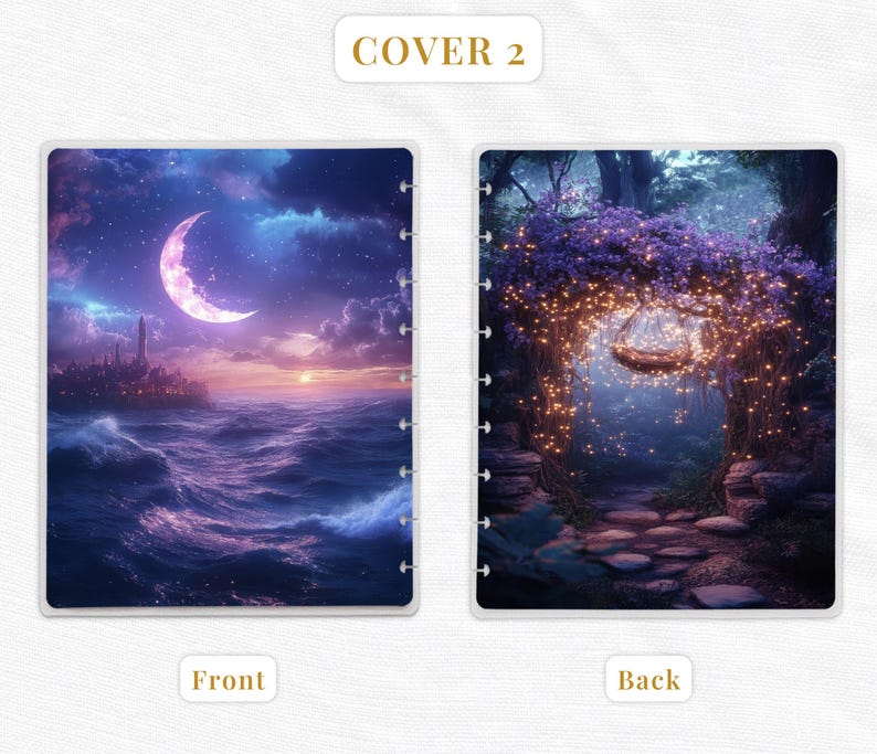 K&ouml;nnte beinhalten: Zwei Planer-Cover. Das vordere Cover zeigt einen Halbmond &uuml;ber einer Skyline und Meereswellen in Blau-, Lila- und Oranget&ouml;nen. Das hintere Cover zeigt einen leuchtenden Torbogen in einem Wald mit einem h&auml;ngenden Korb und einem Steinweg.