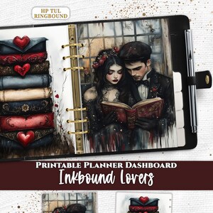 Op de afbeelding: Een zwarte ringbandplanner met een dashboard met een illustratie van een lezend stel en een stapel enveloppen met rode harten. De tekst Everpage, HP TUL RINGBOUND, PRINTABLE PLANNER DASHBOARD en Inkbound Lovers is zichtbaar op de afbeelding.