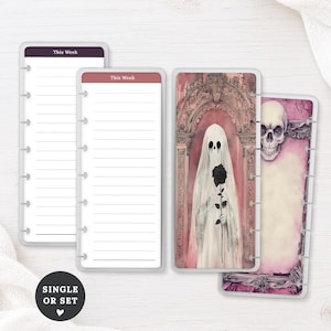 May include: Four vertical planner inserts with disc-bound edges. Two inserts feature lined paper with the header This Week in dark purple and maroon. The other two feature illustrations of a ghost holding a black rose and a skull in a frame.