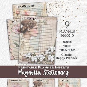 May include: A set of printable planner inserts featuring vintage-style illustrations of a woman in profile, cotton bolls, and flowers. The pages include headers labeled Brain Dump, To Do, and Notes, with lined paper designs for the Classic Happy Planner.
