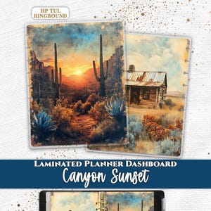 May include: Two laminated planner dashboards featuring a desert landscape with a sunset, saguaro cacti, and a rustic cabin. The text Everpage and HP TUL RINGBOUND appear at the top, with LAMINATED PLANNER DASHBOARD Canyon Sunset below.