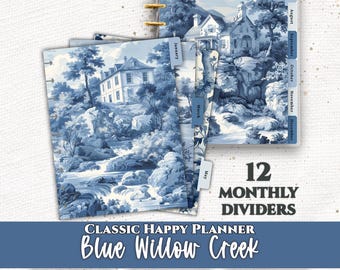Blue Willow Creek Monthly Planner Dashboard Dividers | 12 Tab Printable Classic Happy Planner Insert | Digital Download