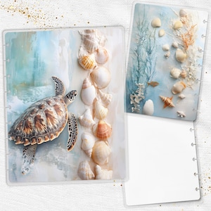 May include: Two planner inserts with a coastal theme. One insert features a sea turtle and seashells on a blue and white background. The other insert has seashells, seaweed, and fish on a blue background. Both inserts have a white, lined section.