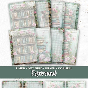 Könnte beinhalten: Eine Sammlung druckbarer Planerseiten mit den Titeln Everpage und Rosebound, die Bücherregale, rosa Rosen und eine Person in einem Kleid zeigen. Das Set enthält linierte, gepunktete, karierte und Cornell-Layouts in sanften Grüntönen.