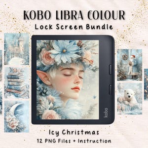 Może przedstawiać: Czytnik Kobo Libra Colour z pakietem 12 plików PNG do ekranu blokady. Ekran wyświetla spokojną ilustrację osoby z kwiatami. Motyw to "Icy Christmas".