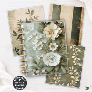 May include: A set of four disc-bound planner covers featuring various designs including white floral patterns on a sage green background, vertical green and beige stripes, and gold leaf motifs. The covers include gold-coloured binding discs.
