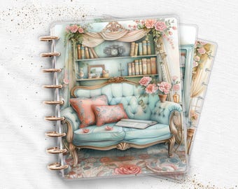 Juego de cubiertas laminadas para agenda / Encuadernado con disco / Planificador feliz y TUL / Rincón de lectura acogedor vintage con interior de cabaña