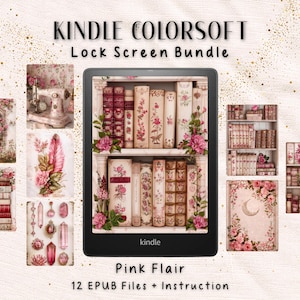 May include: A Kindle Colorsoft Lock Screen Bundle with a pink flair theme. The image features a Kindle displaying a bookshelf design, surrounded by other decorative images with floral and book motifs. The text includes "12 EPUB Files + Instruction."