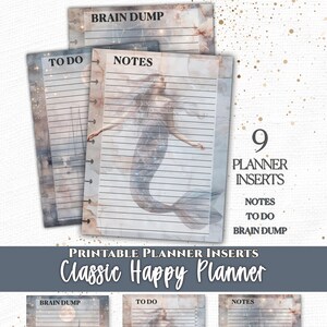 May include: A set of nine printable planner inserts for a classic happy planner. The pages feature lined paper with watercolor-style illustrations of a mermaid, sailboats, and a compass. Text on the pages includes Brain Dump, To Do, and Notes.