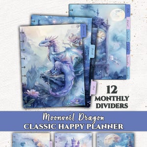 May include: A set of 12 monthly dividers for a Moonveil Dragon Classic Happy Planner. The dividers feature blue and purple illustrations of a dragon, a clock tower, a castle, an owl, and floral moon motifs with text labels for each month.